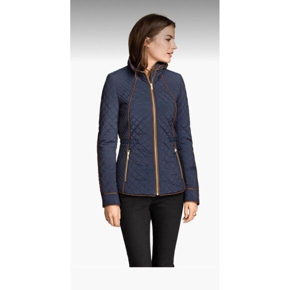 H&M Womens Dark Blue Brown Quilted Long Sleeve Jacket 4 Small - Picture 1 of 6